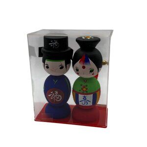 Vintage Japanese Kokeshi Dolls Pair 5" Wooden Hand Painted Figurines Display Box